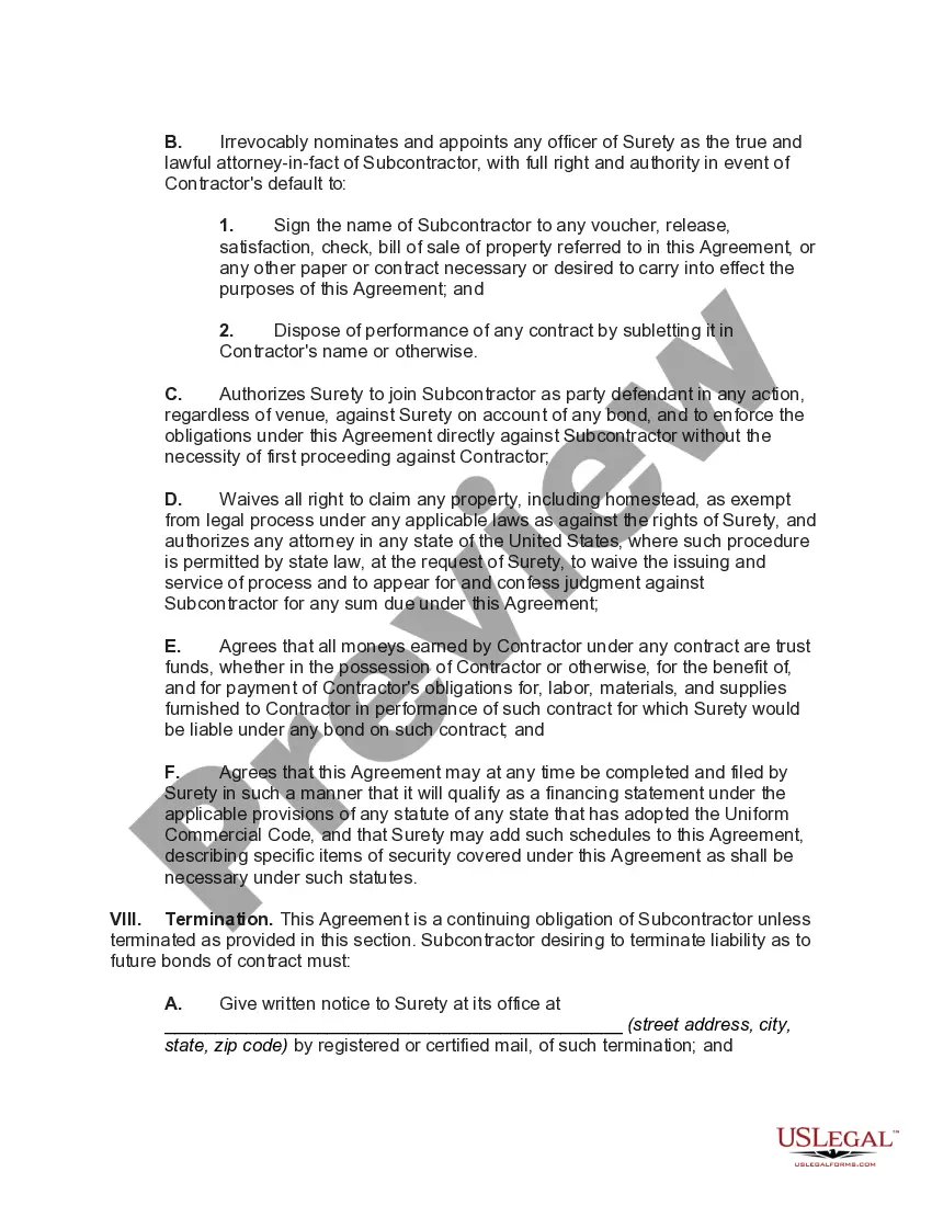 Preview Indemnification of Surety on Contractor's Bond by Subcontractor