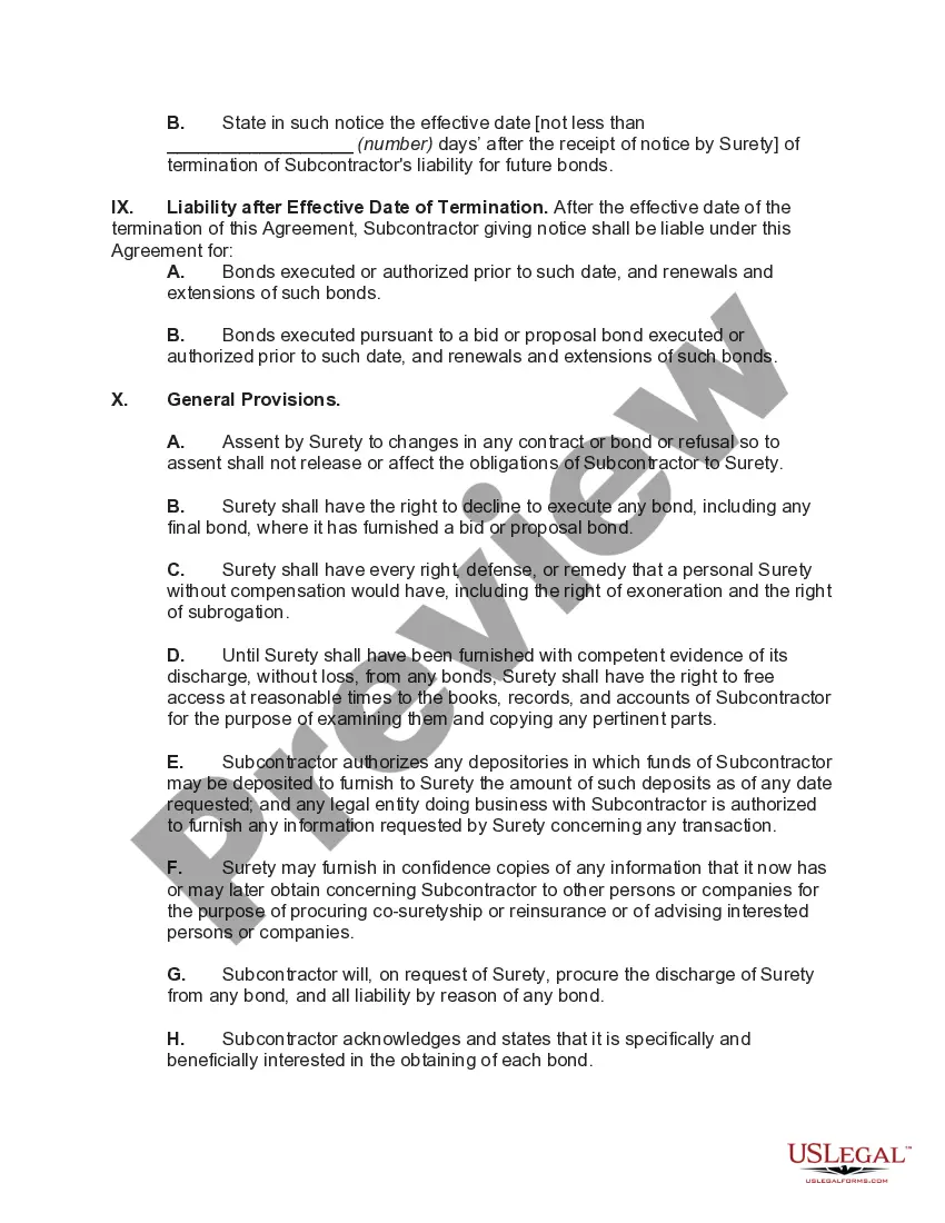 Preview Indemnification of Surety on Contractor's Bond by Subcontractor
