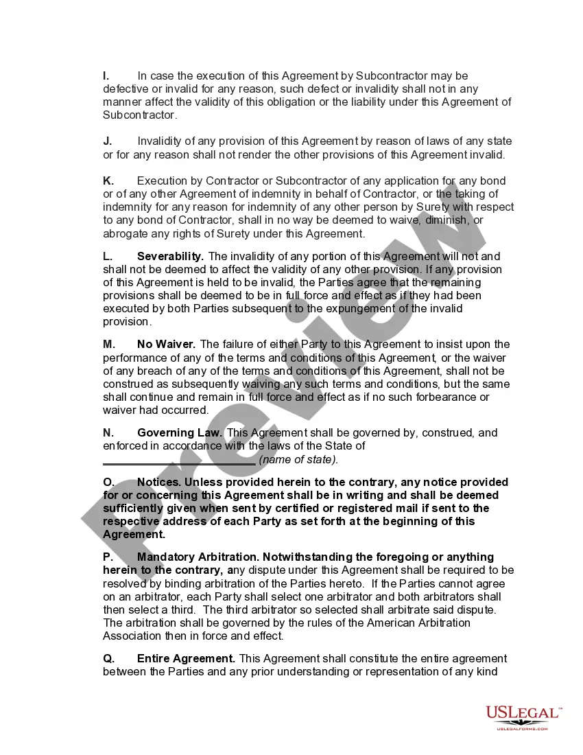 Preview Indemnification of Surety on Contractor's Bond by Subcontractor