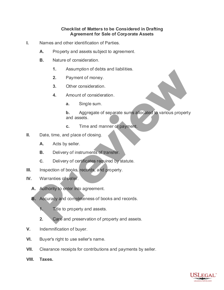 page 0 Checklist of Matters to be Considered in Drafting Agreement for Sale of Corporate Assets preview