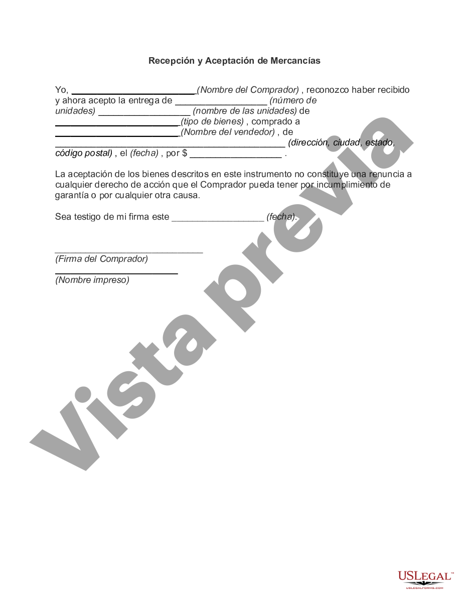 Recepción Y Aceptación De Mercancías | US Legal Forms