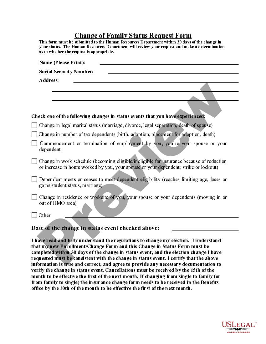 Virginia Change of Family Status Request Form Change Family Form US