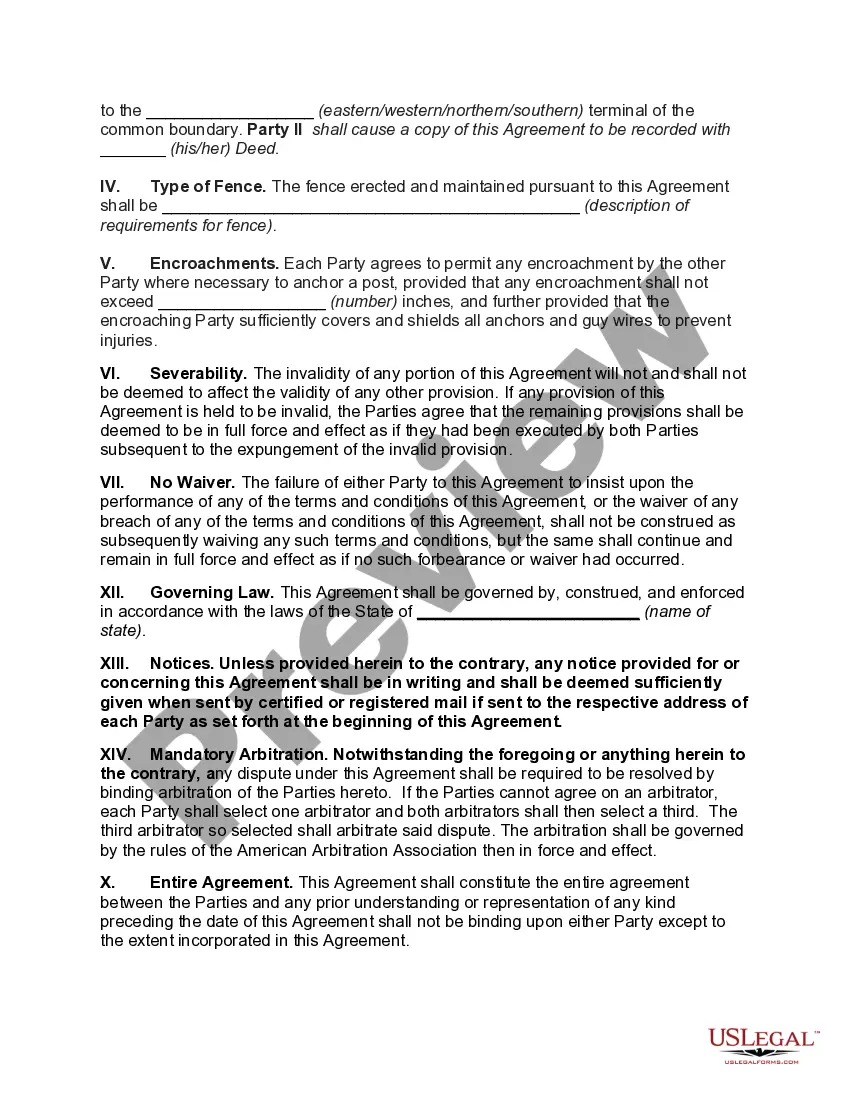 Preview Agreement between Adjoining Landowners to Maintain Partition Fence