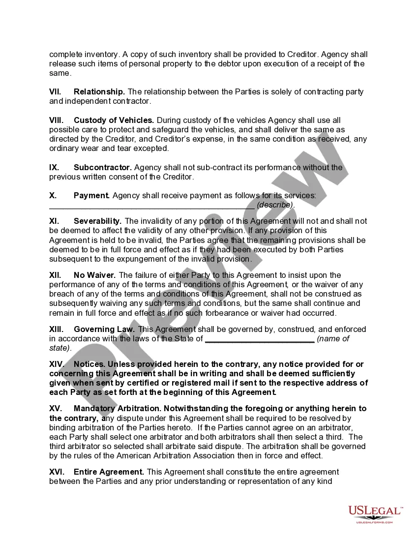 Preview Repossession Services Agreement for Automobiles