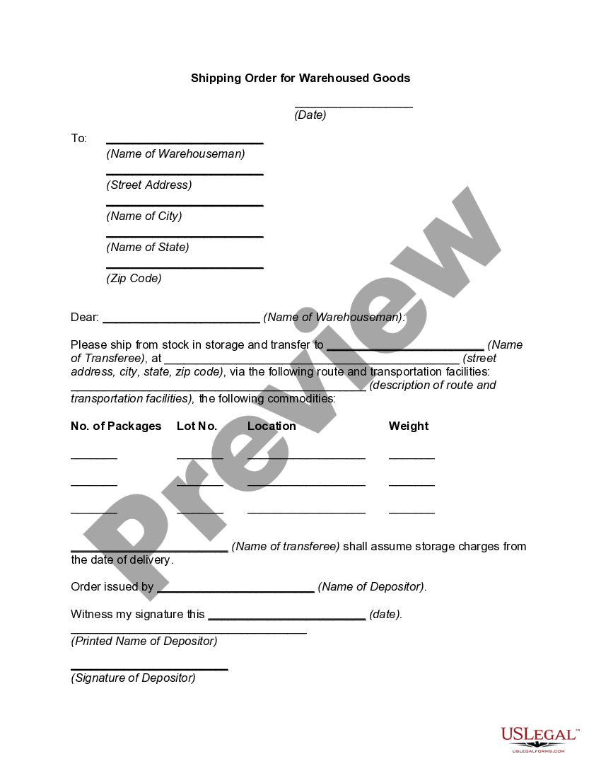 Oklahoma Shipping Order for Warehoused Goods US Legal Forms