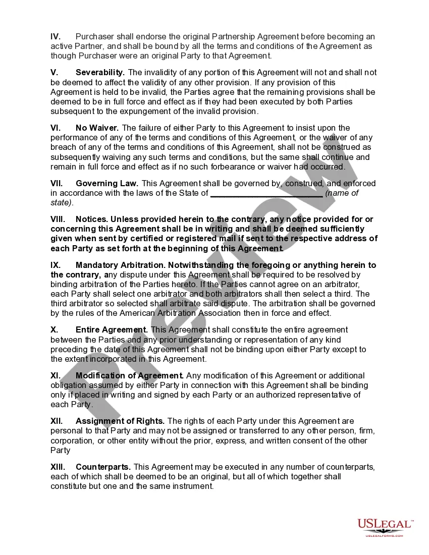 Get Agreement to Sell Partnership Interest to Third Party Preview Agreement to Sell Partnership Interest to Third Party