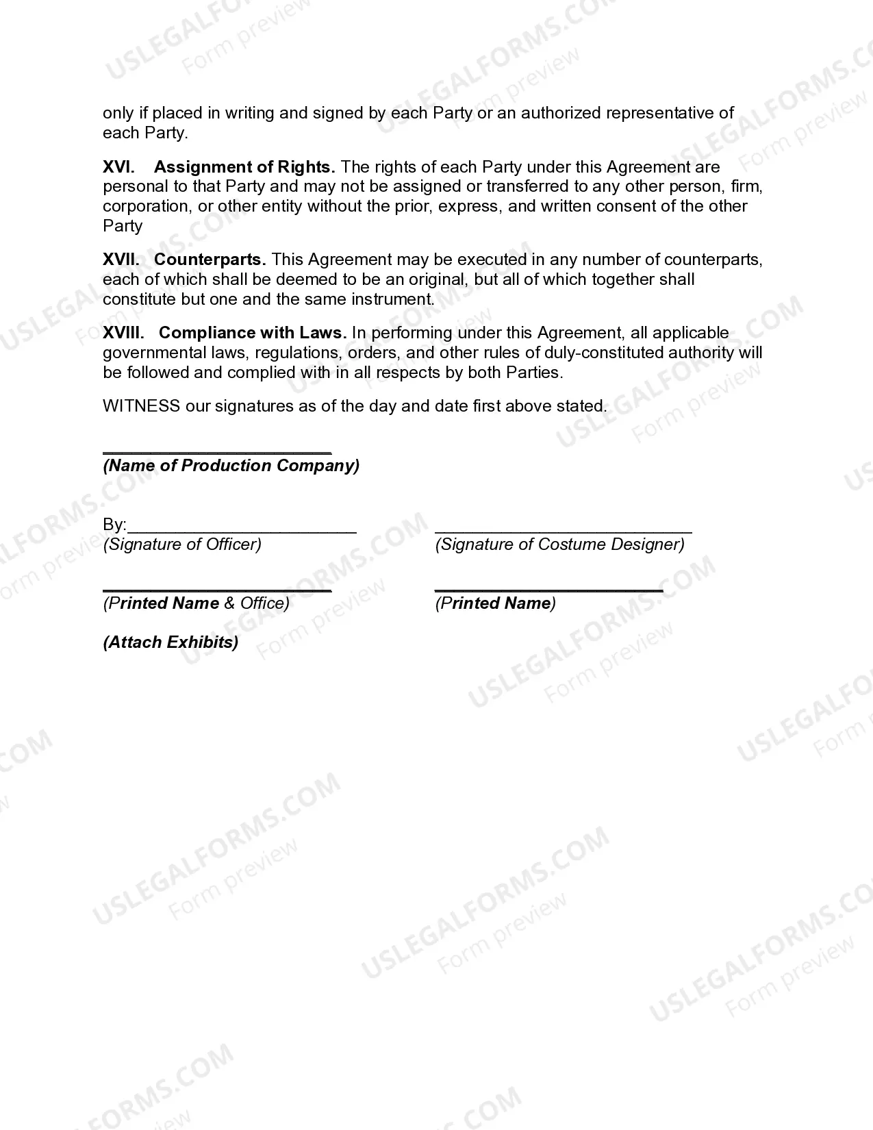 Preview Employment Agreement with Costume Designer