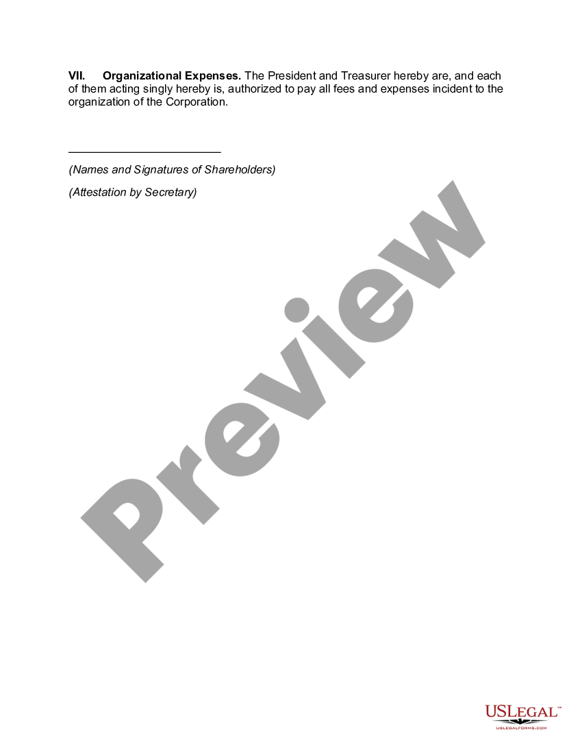 page 1 Action by Unanimous Written Consent of the Shareholders to Approve Organizational Statement, Elect Officers, Approve Corporate Seal, Approve Shareholder Certificate, Approve Corporate Bank Account, and Authorize Payment of Organizational Expenses preview