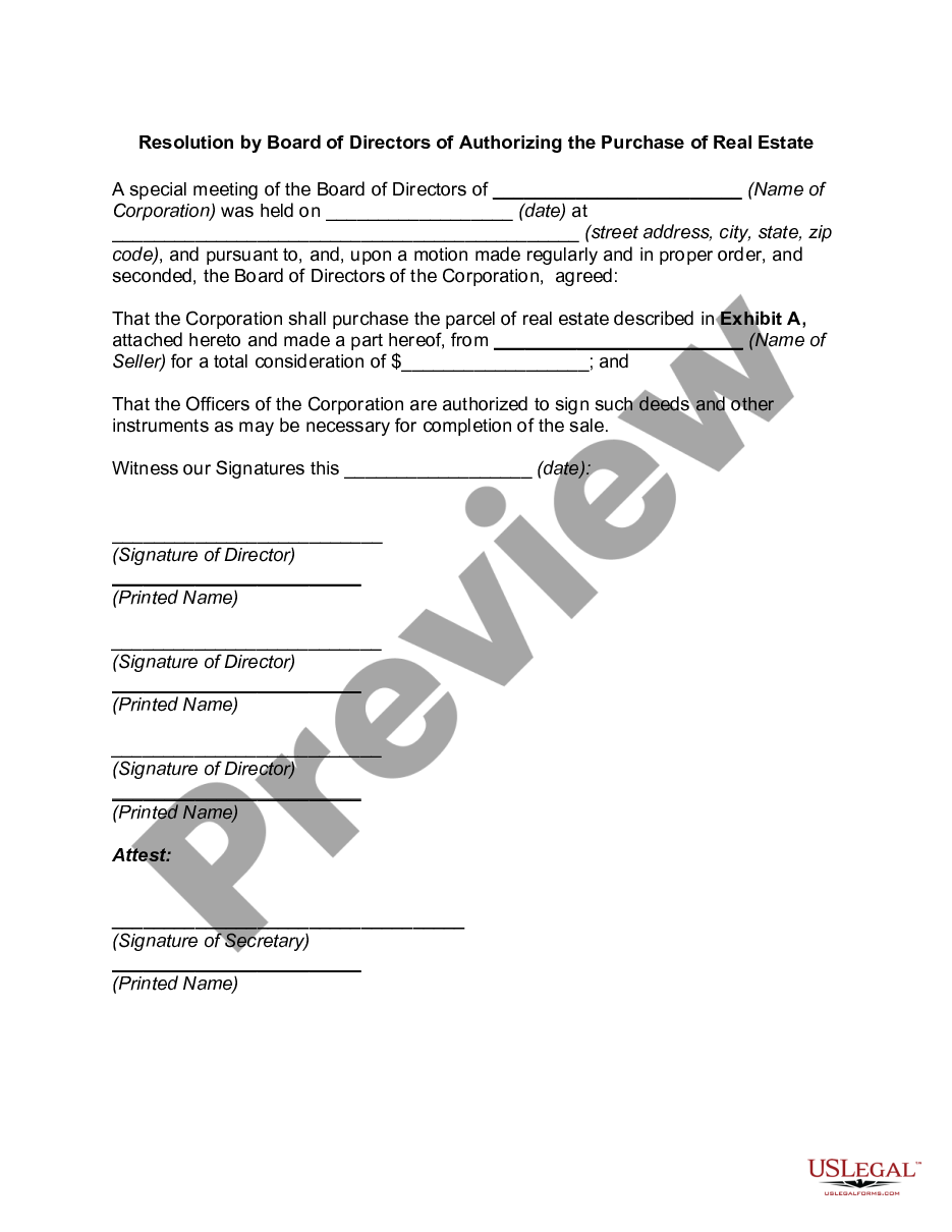 form Resolution by Board of Directors of Authorizing the Purchase of Real Estate preview
