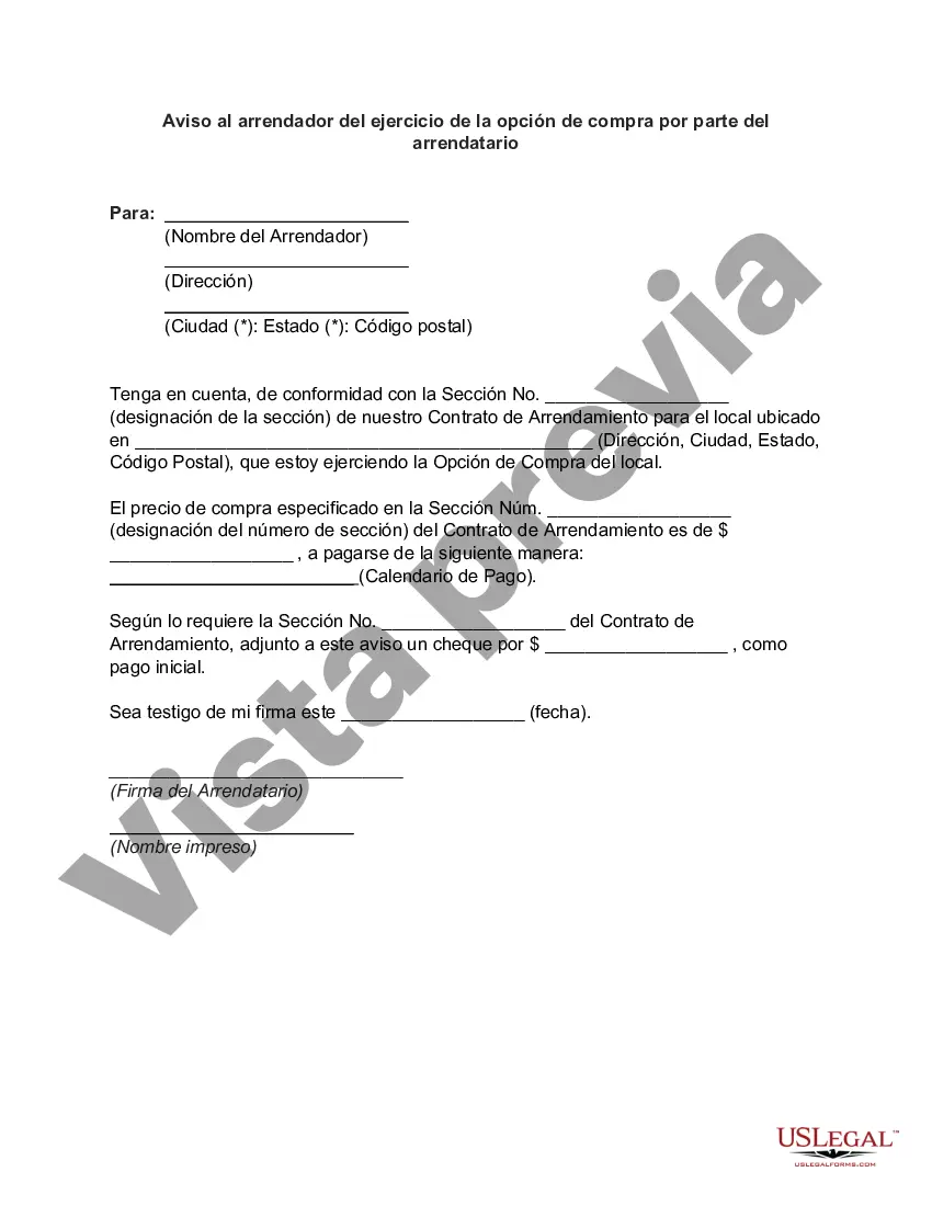 Preview Aviso al arrendador del ejercicio de la opción de compra por parte del arrendatario