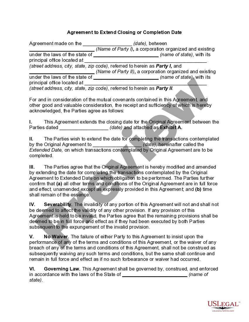 Agreement to Extend Closing or Completion Date Extend Closing Date