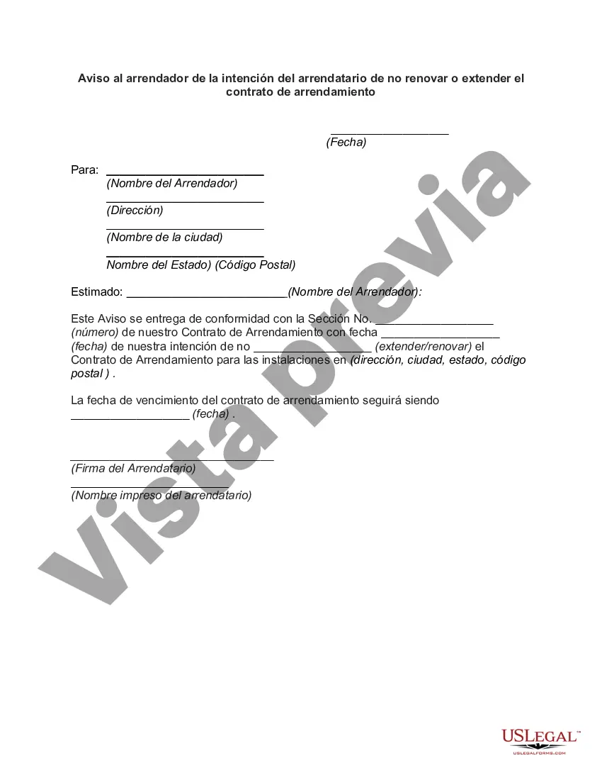 Preview Aviso al arrendador de la intención del arrendatario de no renovar o extender el contrato de arrendamiento