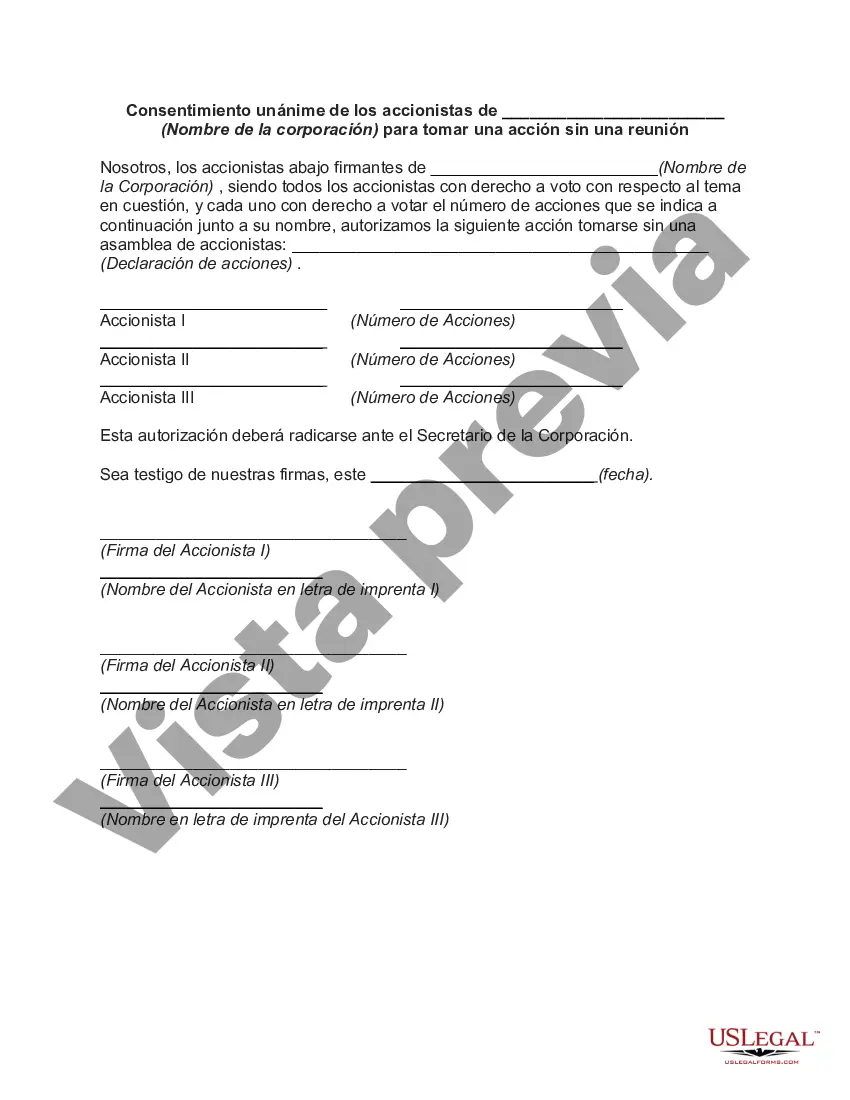 Preview Consentimiento Unánime de los Accionistas de (Nombre de la Corporación) para Tomar una Acción sin una Reunión