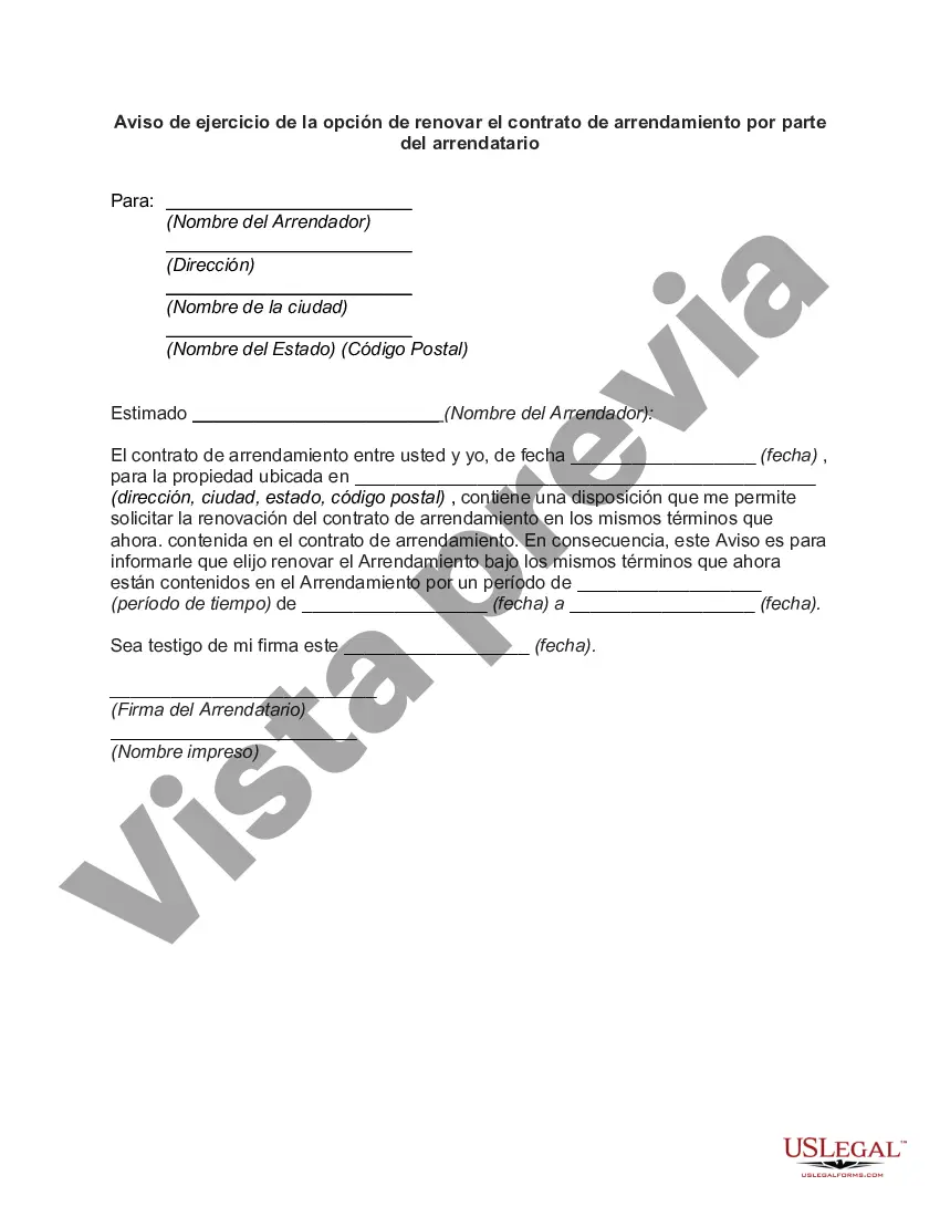 Preview Aviso de ejercicio de la opción de renovar el contrato de arrendamiento por parte del arrendatario