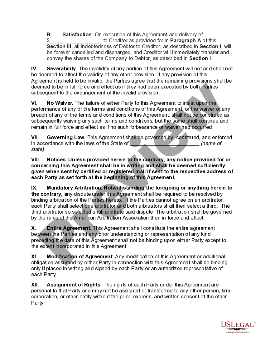 Agreement for Accord and Satisfaction of Obligation under Stock