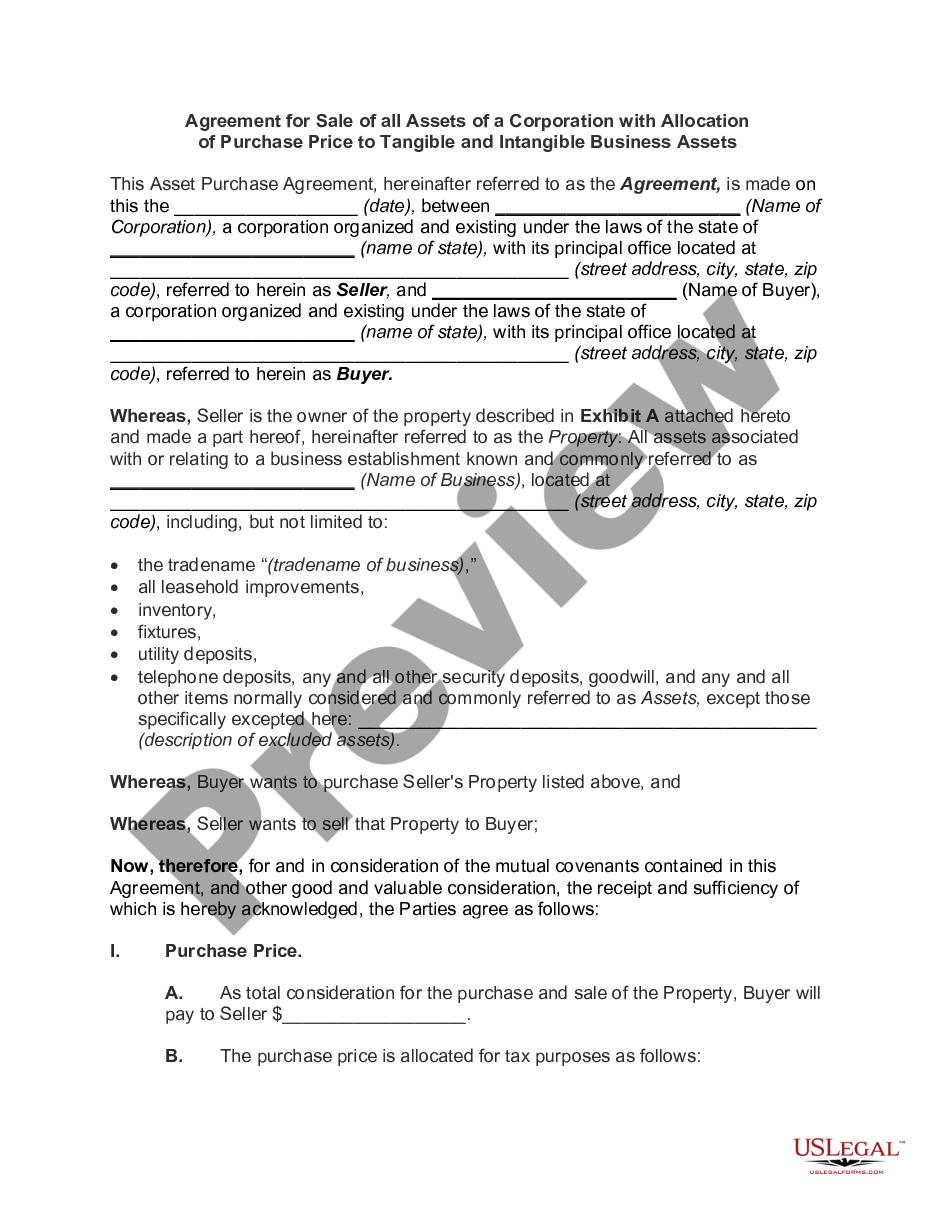 page 0 Agreement for Sale of all Assets of a Corporation with Allocation of Purchase Price to Tangible and Intangible Business Assets preview