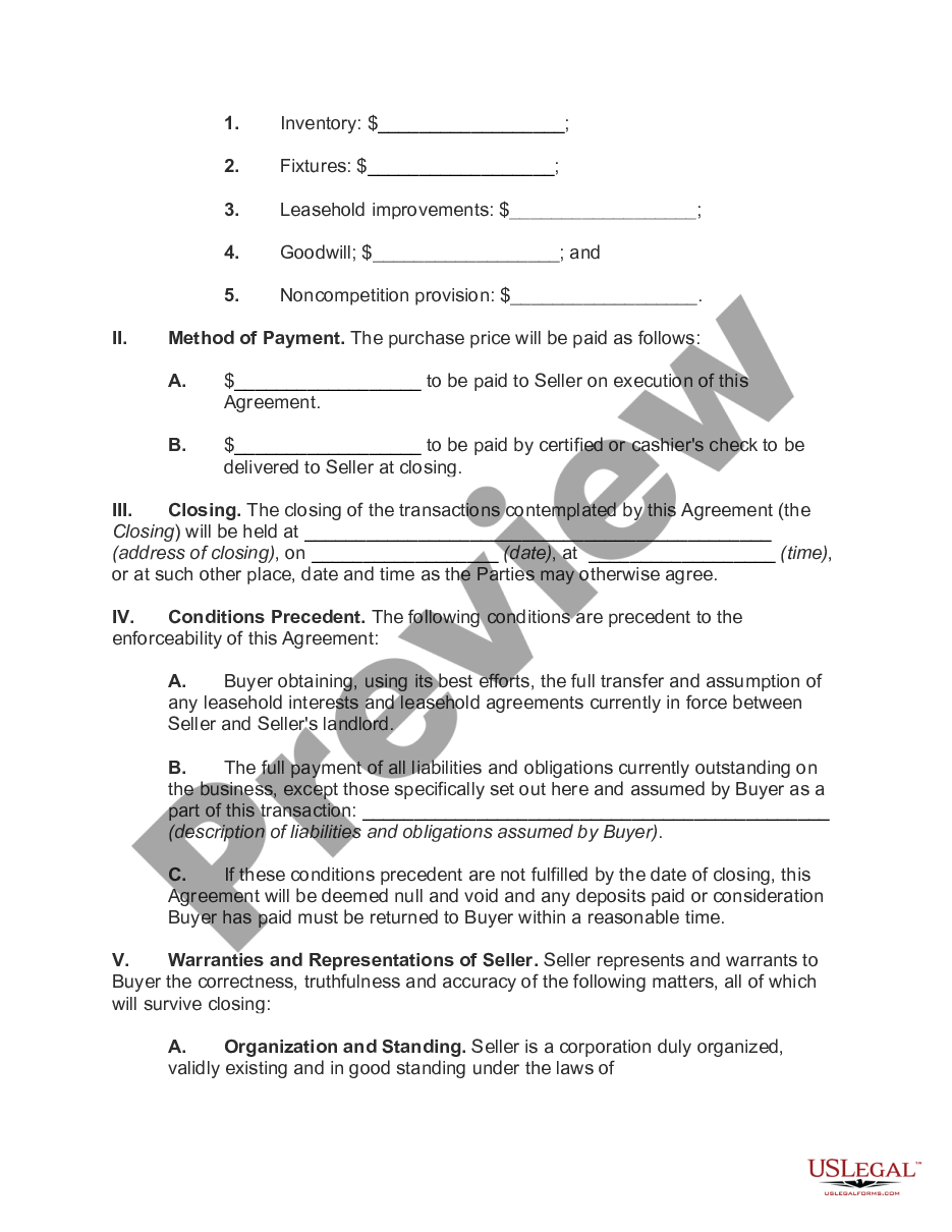 page 1 Agreement for Sale of all Assets of a Corporation with Allocation of Purchase Price to Tangible and Intangible Business Assets preview