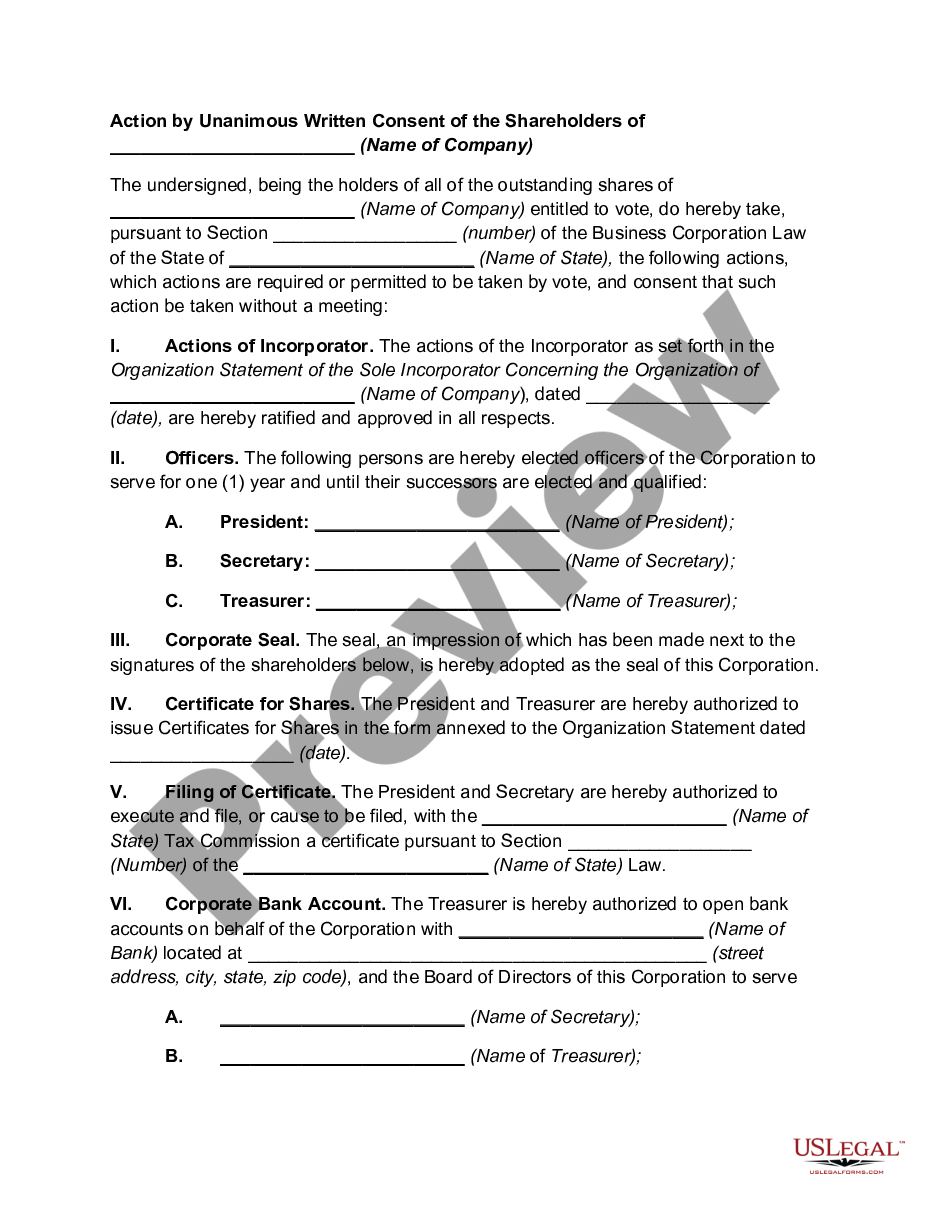 page 0 Action by Unanimous Written Consent of the Shareholders of (Name of Company) preview