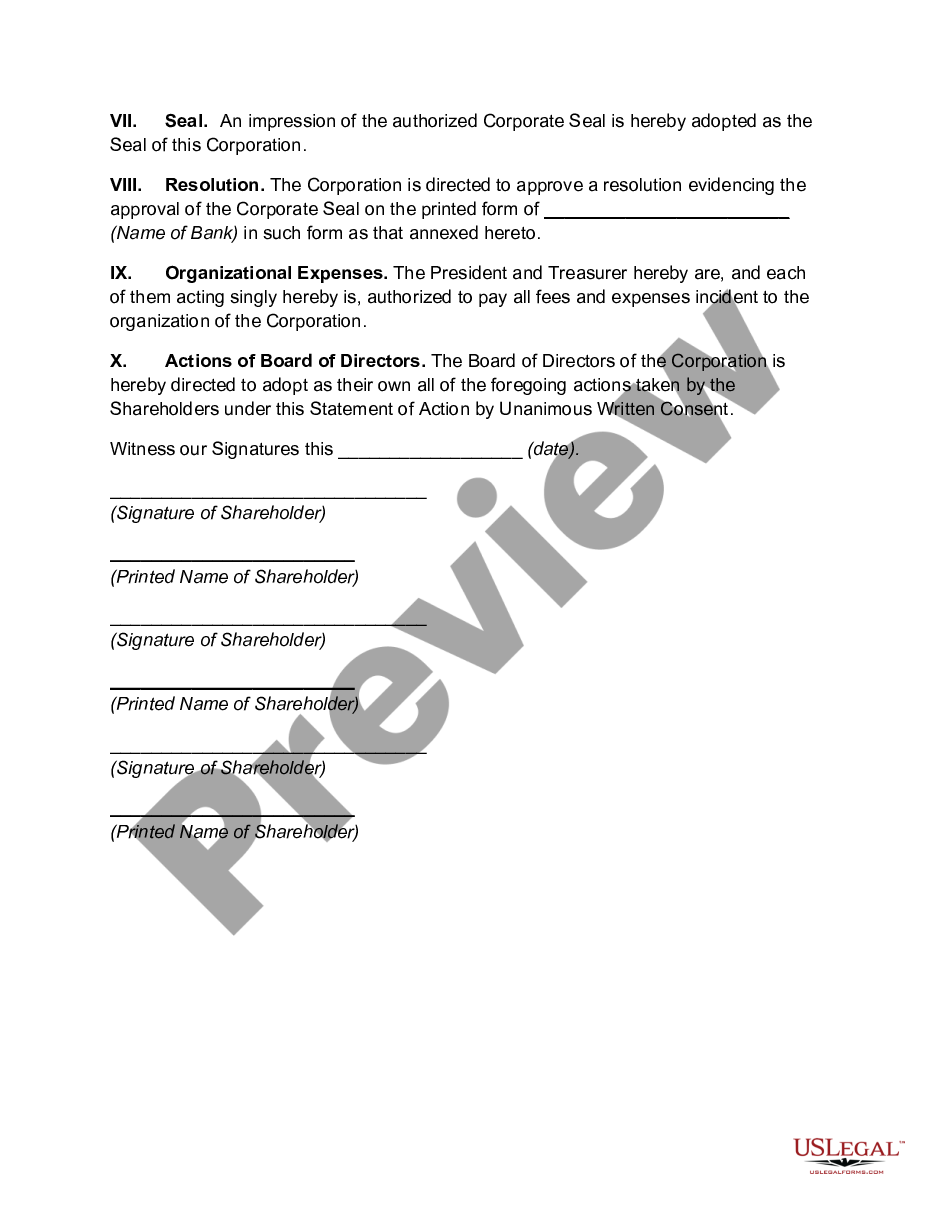 page 1 Action by Unanimous Written Consent of the Shareholders of (Name of Company) preview