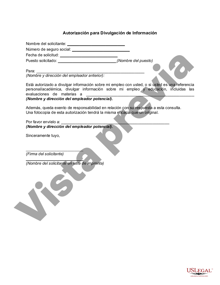 Autorización Para Divulgación De Información Us Legal Forms 0360