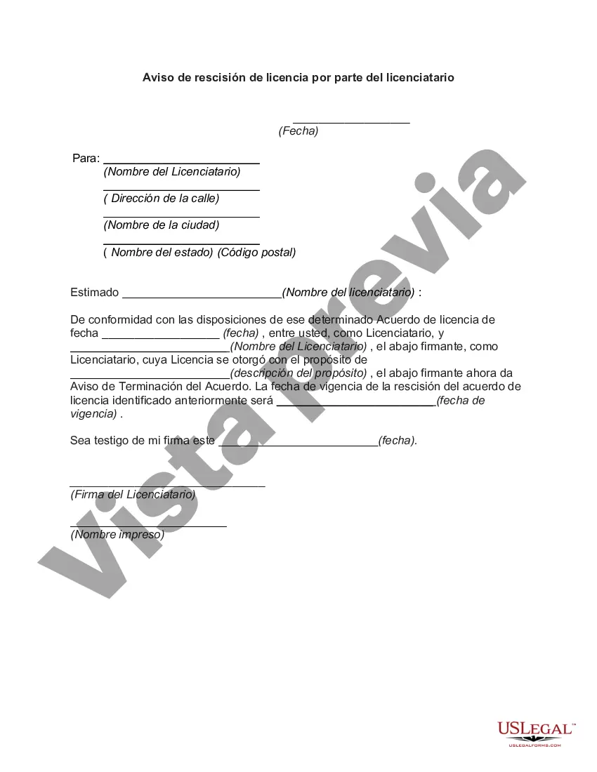 Preview Aviso de rescisión de licencia por parte del licenciatario