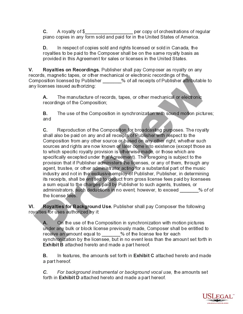 Preview Contract with Publisher for Exploitation of Musical Composition