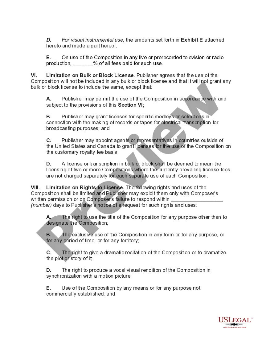 Preview Contract with Publisher for Exploitation of Musical Composition
