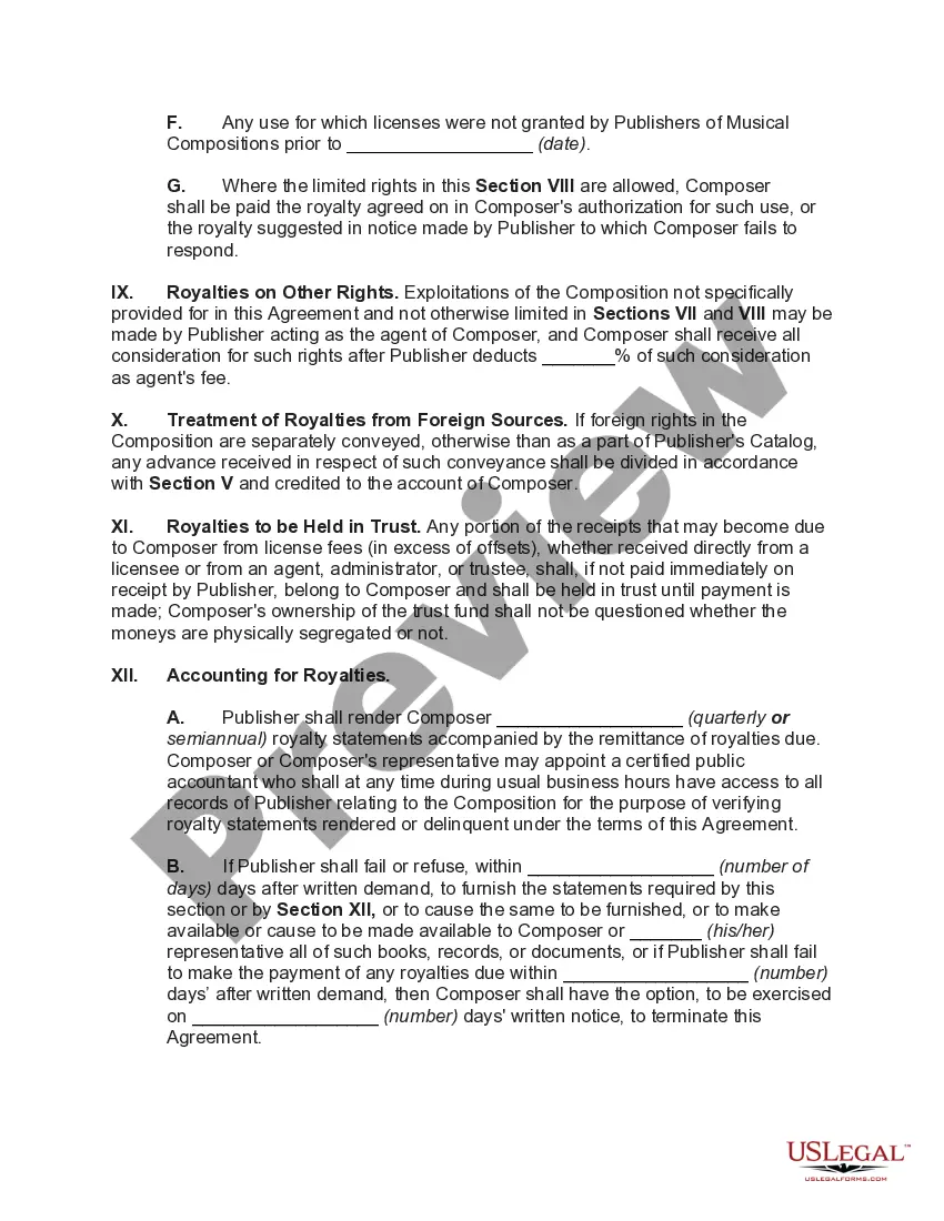 Preview Contract with Publisher for Exploitation of Musical Composition