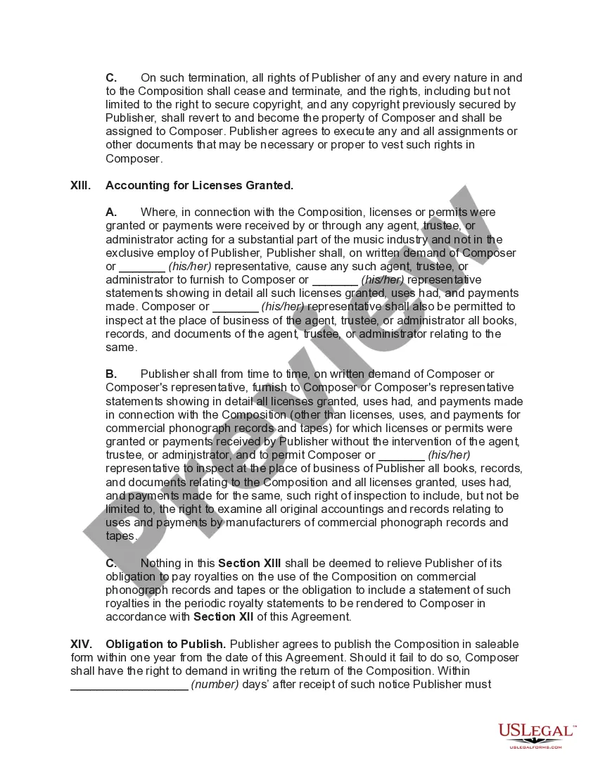 Preview Contract with Publisher for Exploitation of Musical Composition