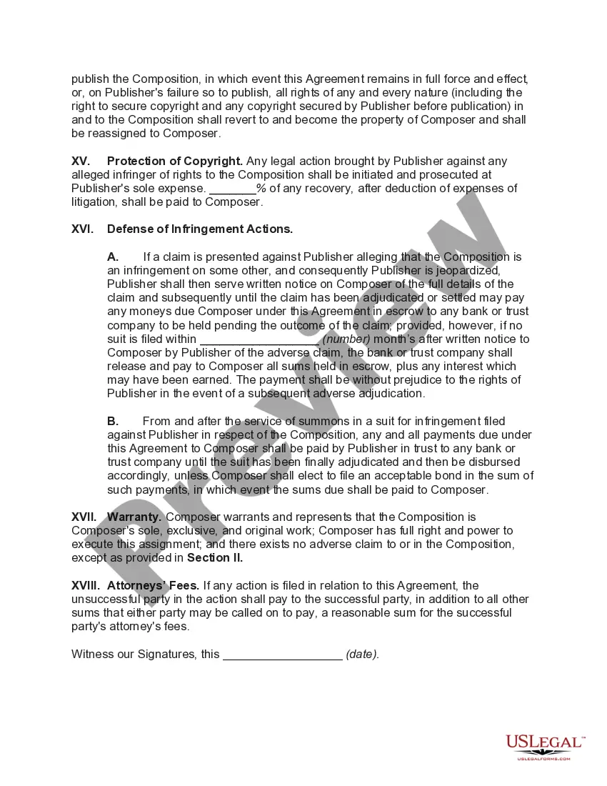 Preview Contract with Publisher for Exploitation of Musical Composition