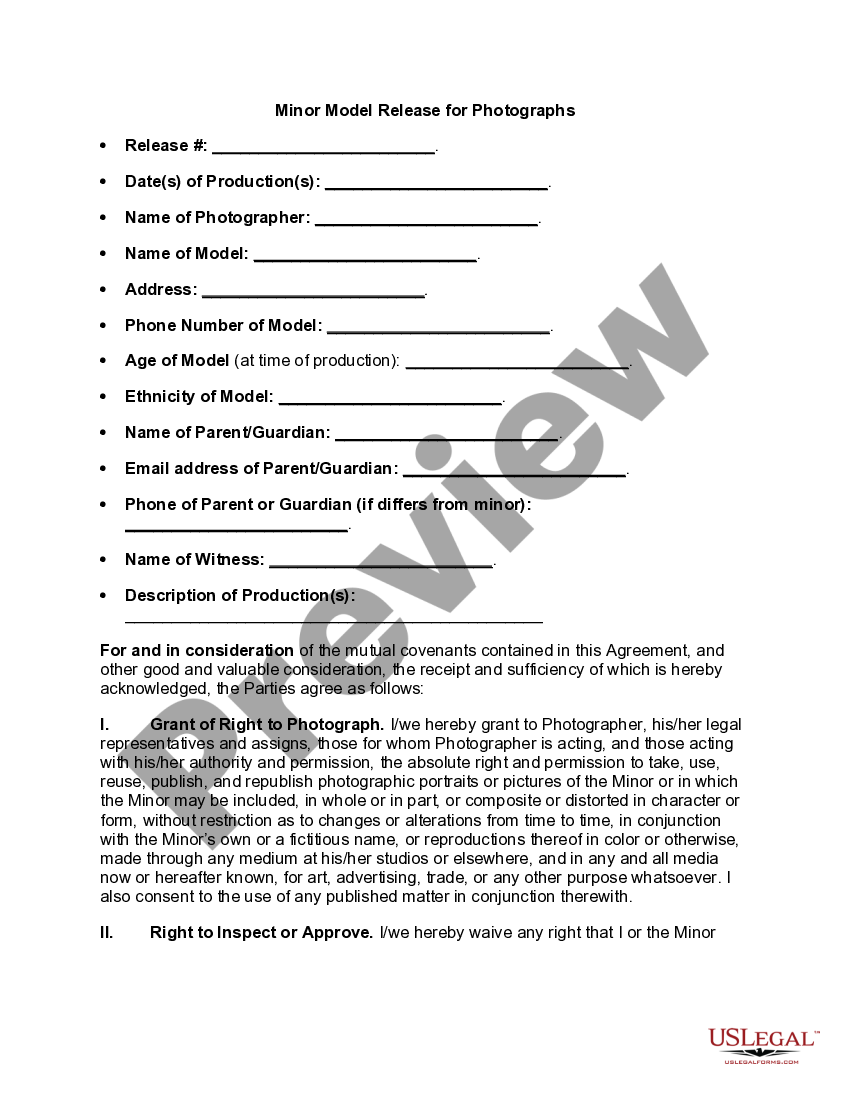 Massachusetts Minor Model Release for Photographs US Legal Forms