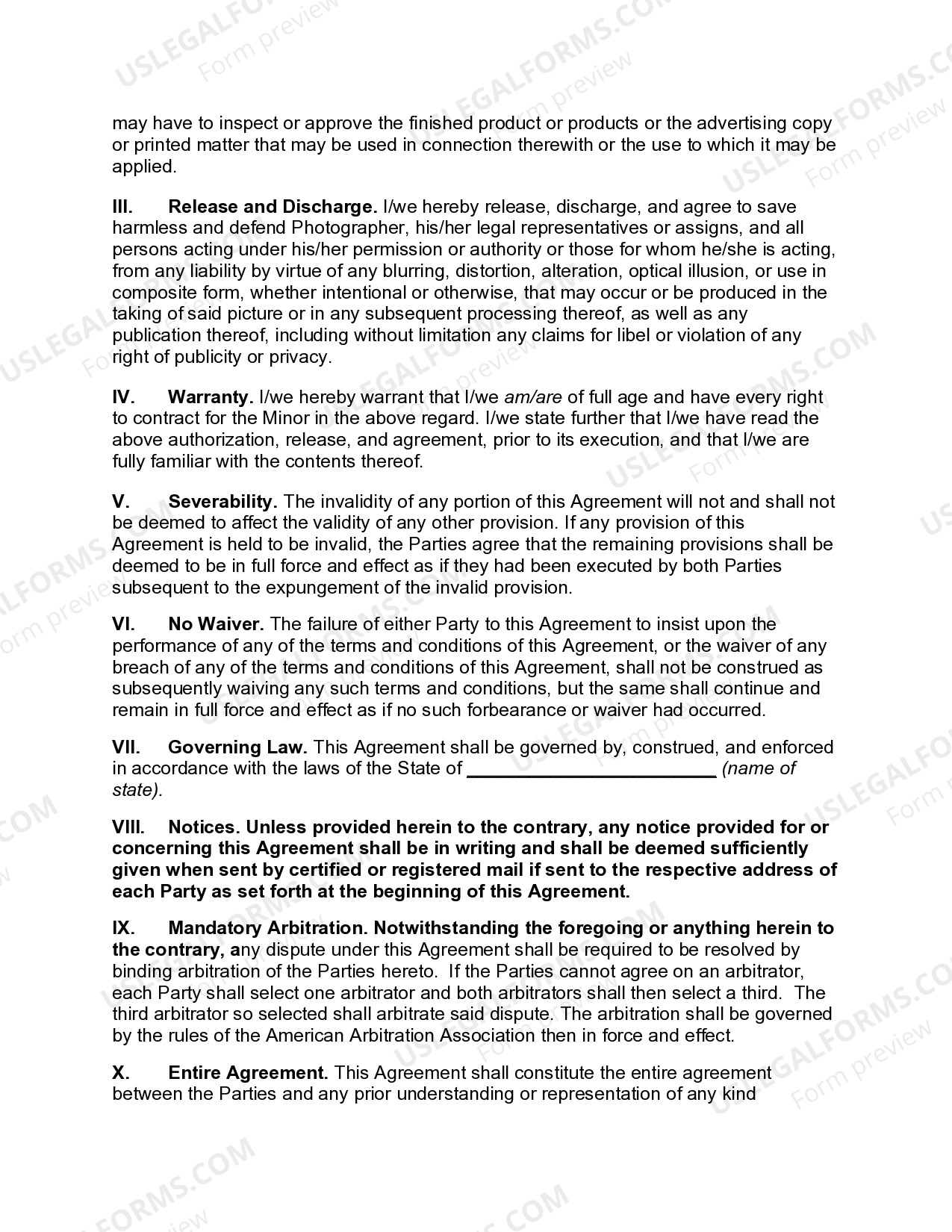 South Dakota Minor Model Release for Photographs US Legal Forms