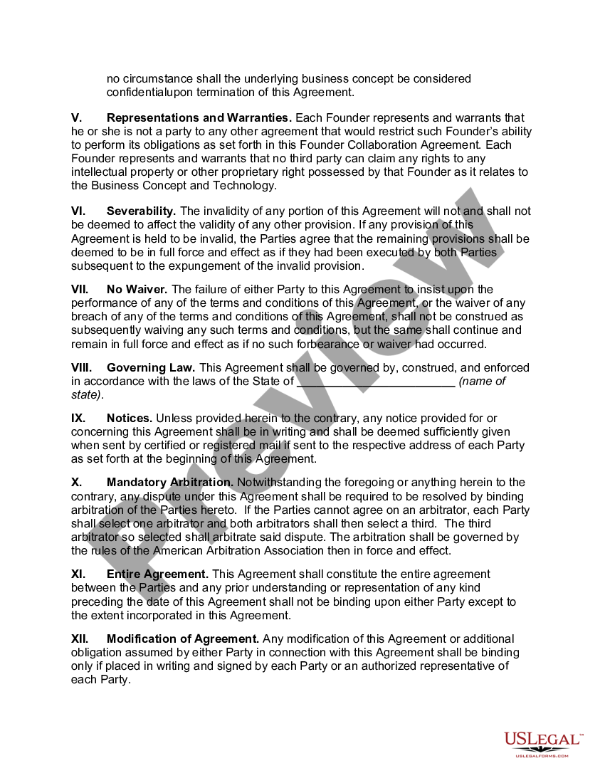 Colorado Founder Collaboration Agreement | US Legal Forms