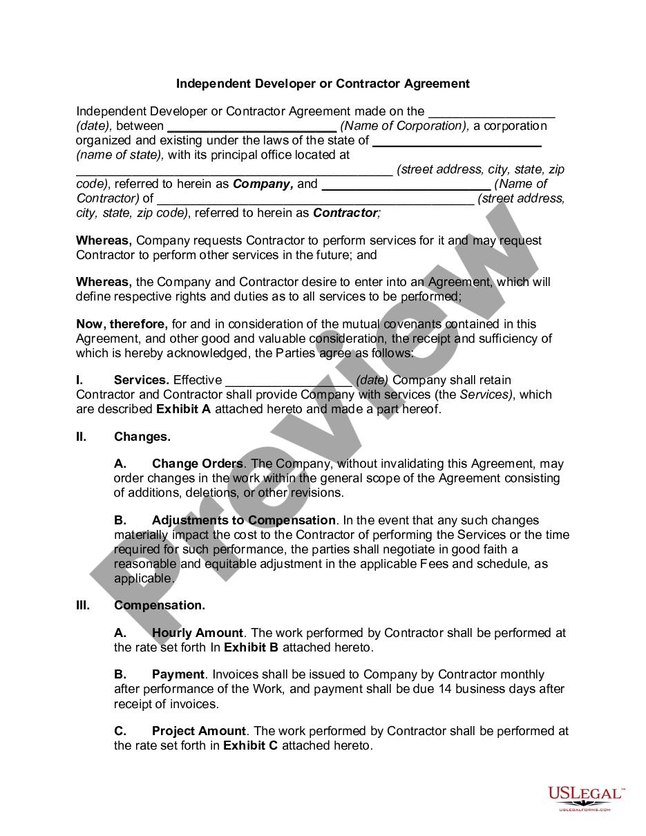 page 0 Independent Developer or Contractor Agreement preview