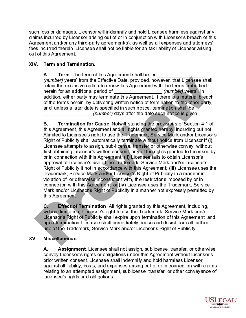 Get Trademark, Service Mark and Right of Publicity Agreement Preview Trademark, Service Mark and Right of Publicity Agreement