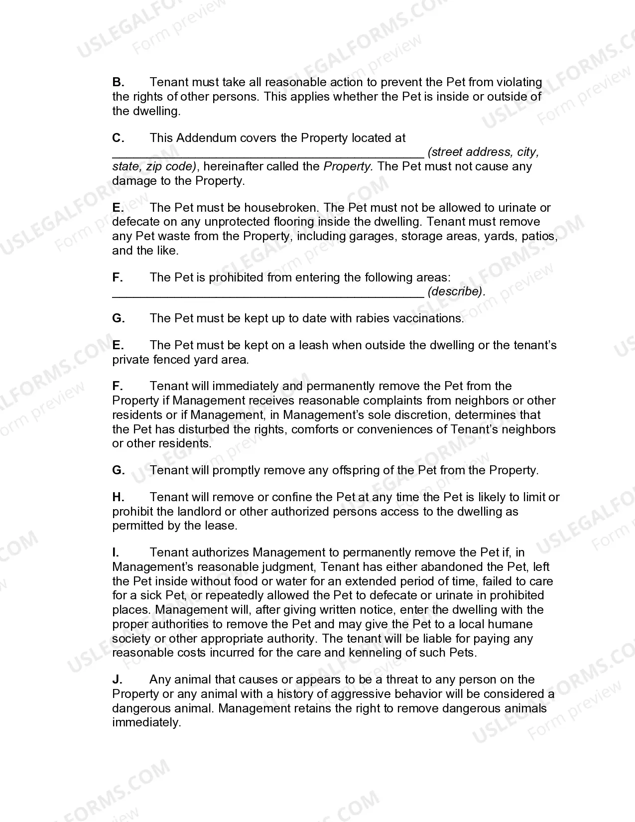 Preview Addendum to Rental Agreement with Regard to Pets