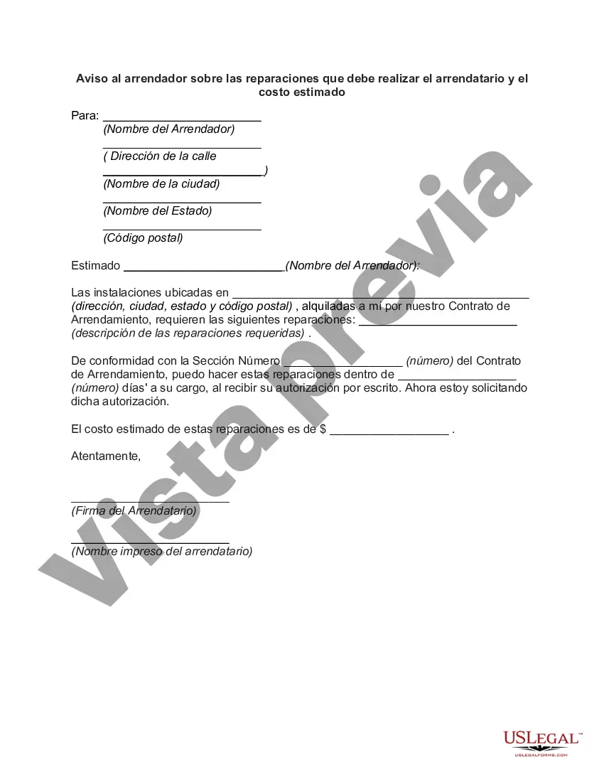 Preview Aviso al arrendador sobre las reparaciones que debe realizar el arrendatario y el costo estimado