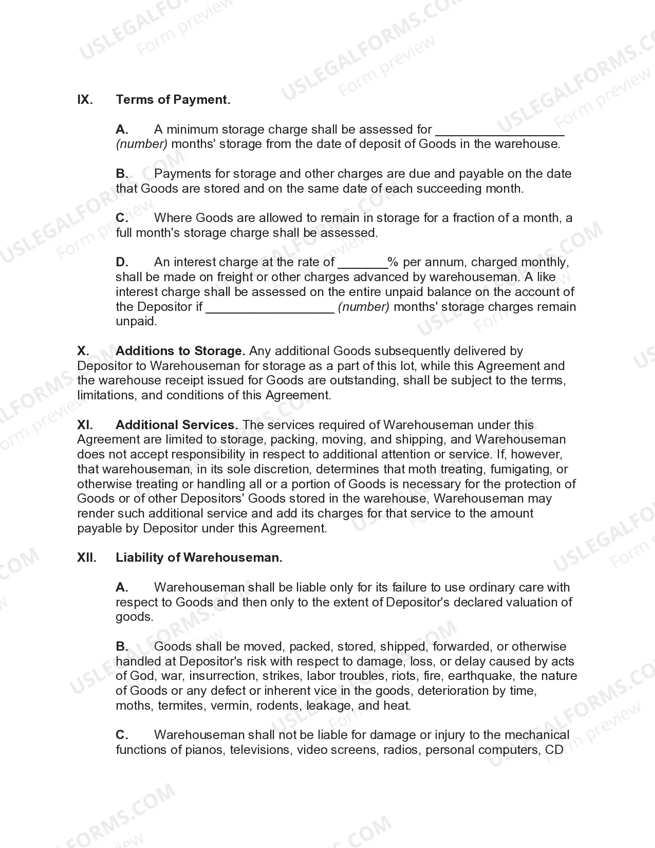 Preview Storage Agreement for Household Goods