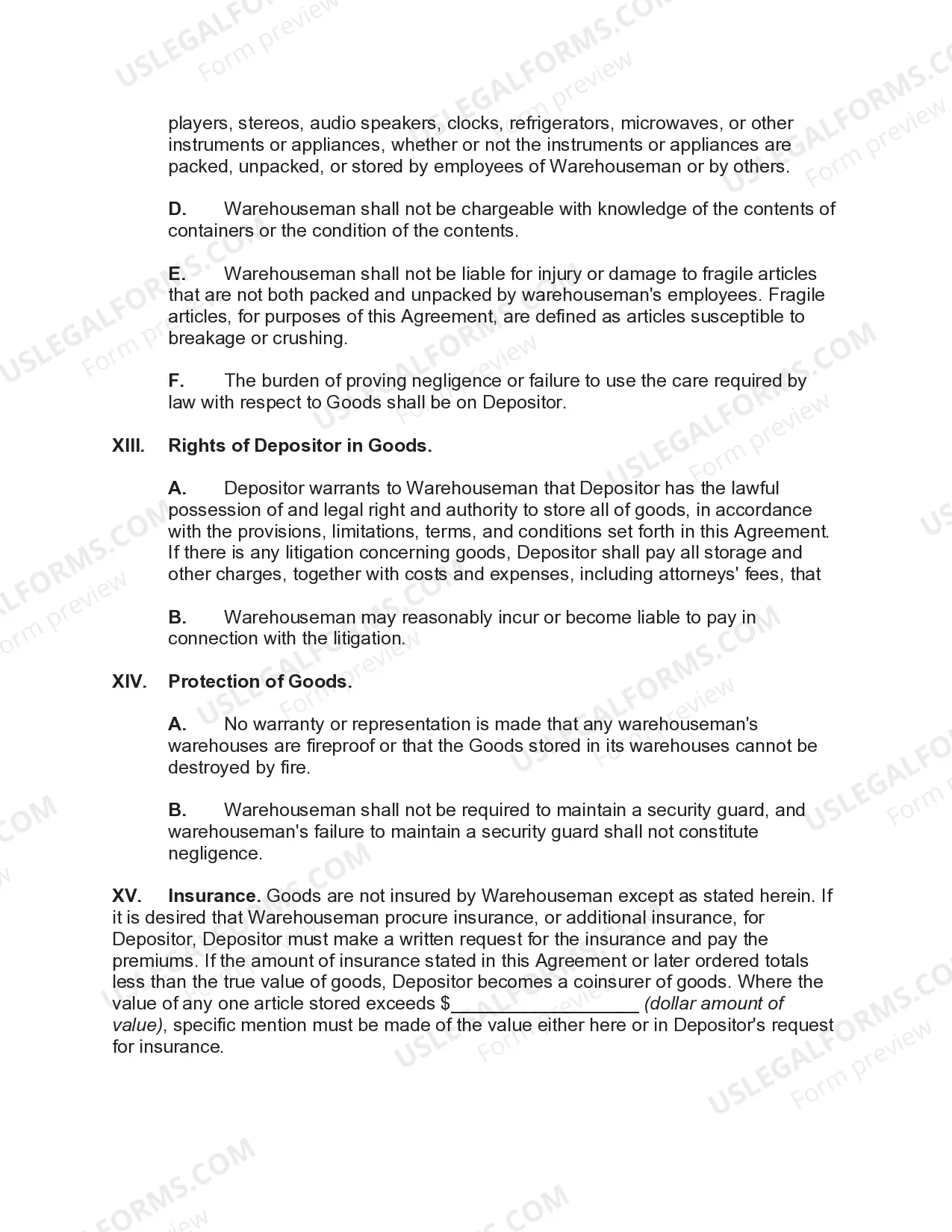 Preview Storage Agreement for Household Goods