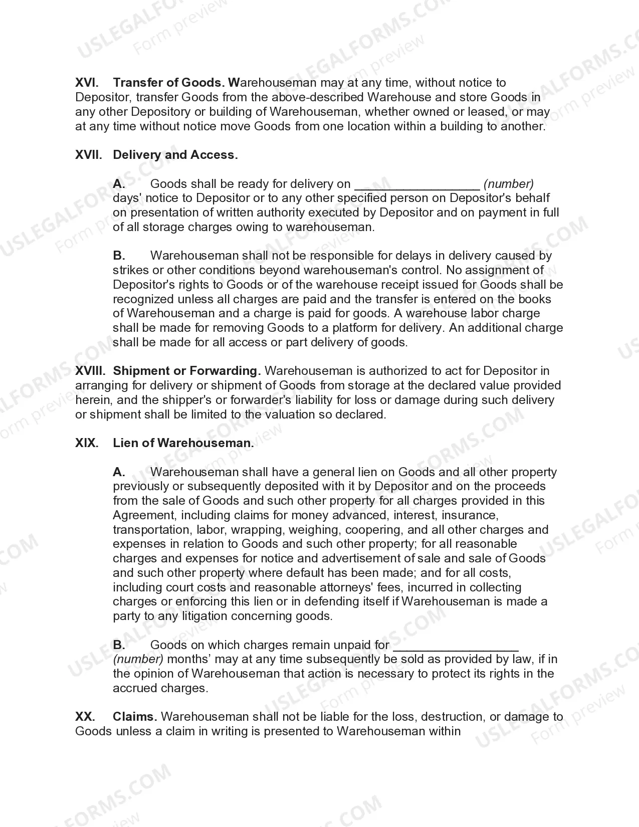 Preview Storage Agreement for Household Goods