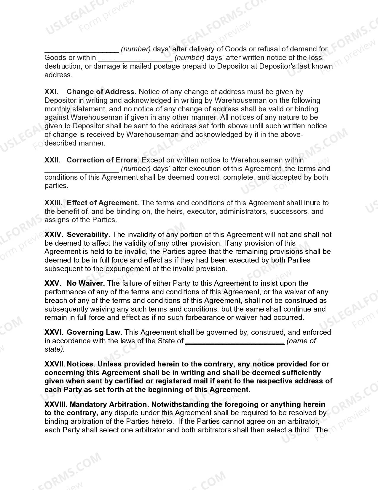 Preview Storage Agreement for Household Goods