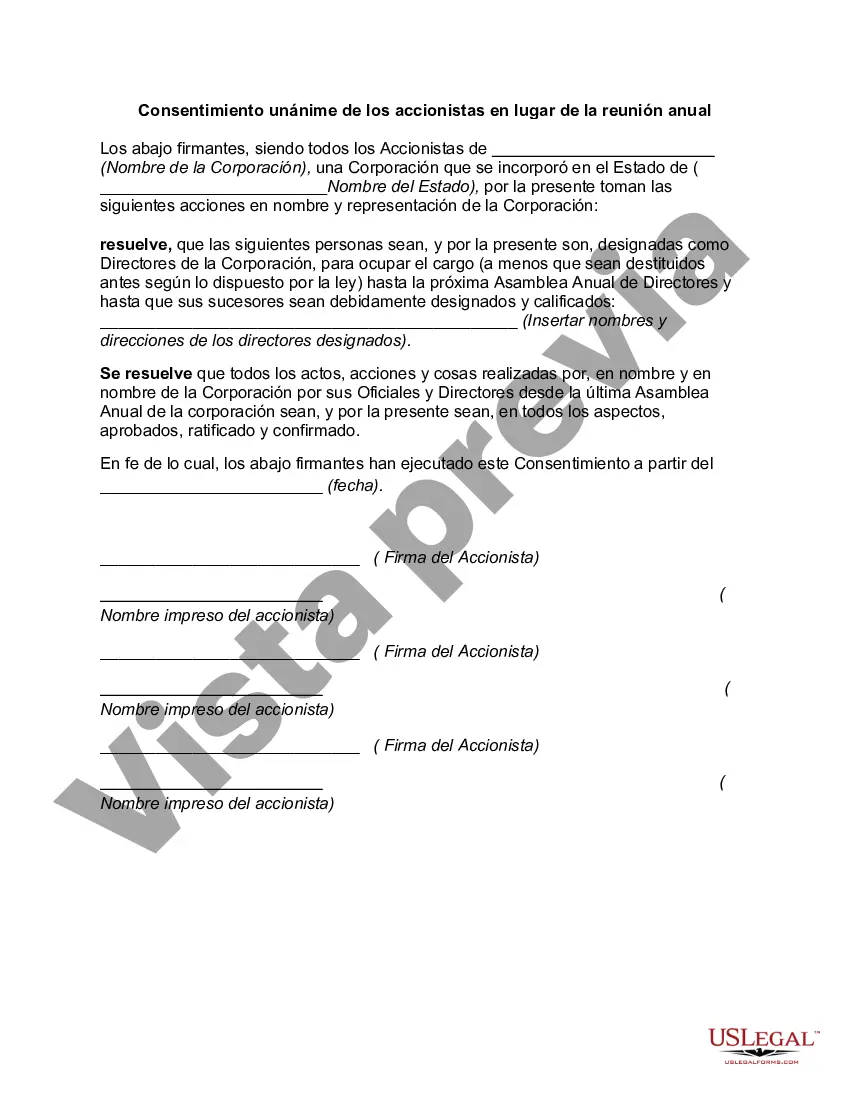 Preview Consentimiento unánime de los accionistas en lugar de la reunión anual
