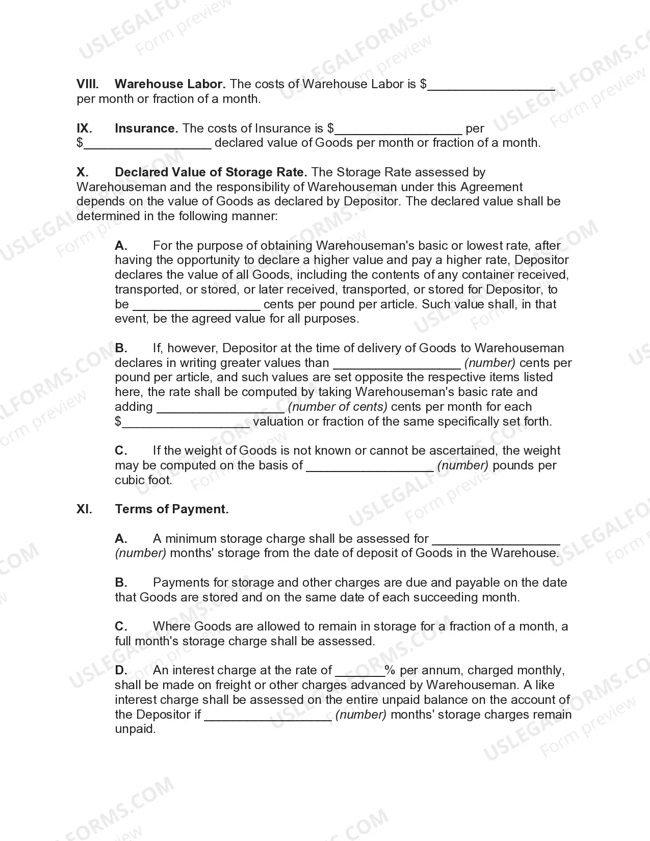 Preview Agreement to Store Household Goods