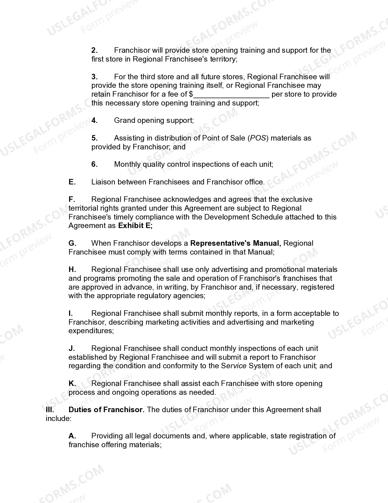Preview Regional Franchisee Agreement for Restaurant