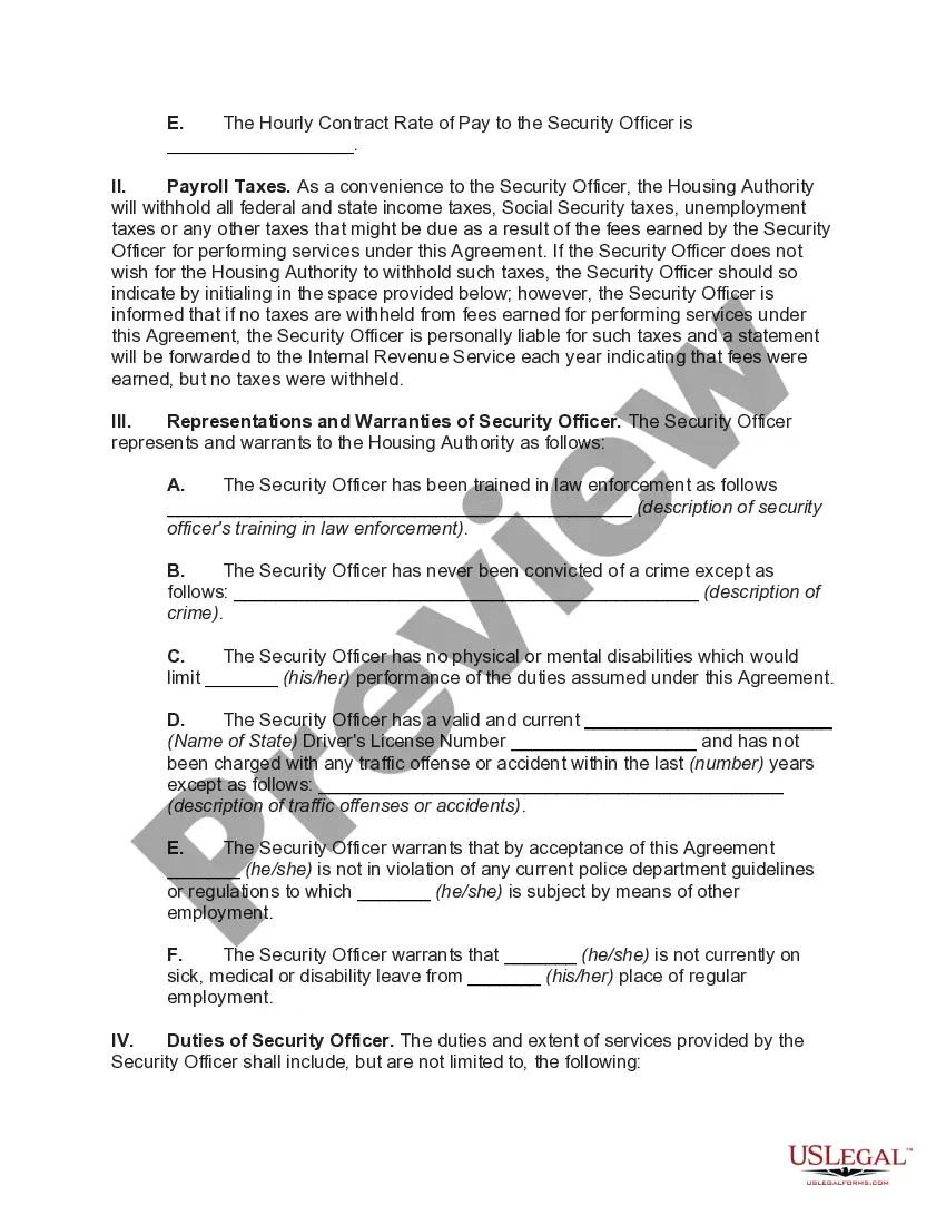 Get Building Security Services Agreement between Housing Authority and Independent Security Officer Preview Building Security Services Agreement between Housing Authority and Independent Security Officer