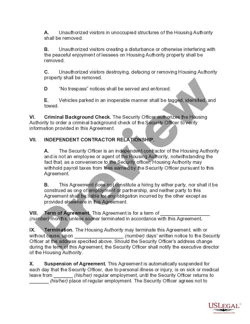 Get Building Security Services Agreement between Housing Authority and Independent Security Officer Preview Building Security Services Agreement between Housing Authority and Independent Security Officer