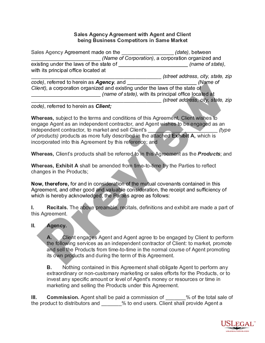 Louisiana Sales Agency Agreement With Agent And Client Being Business 