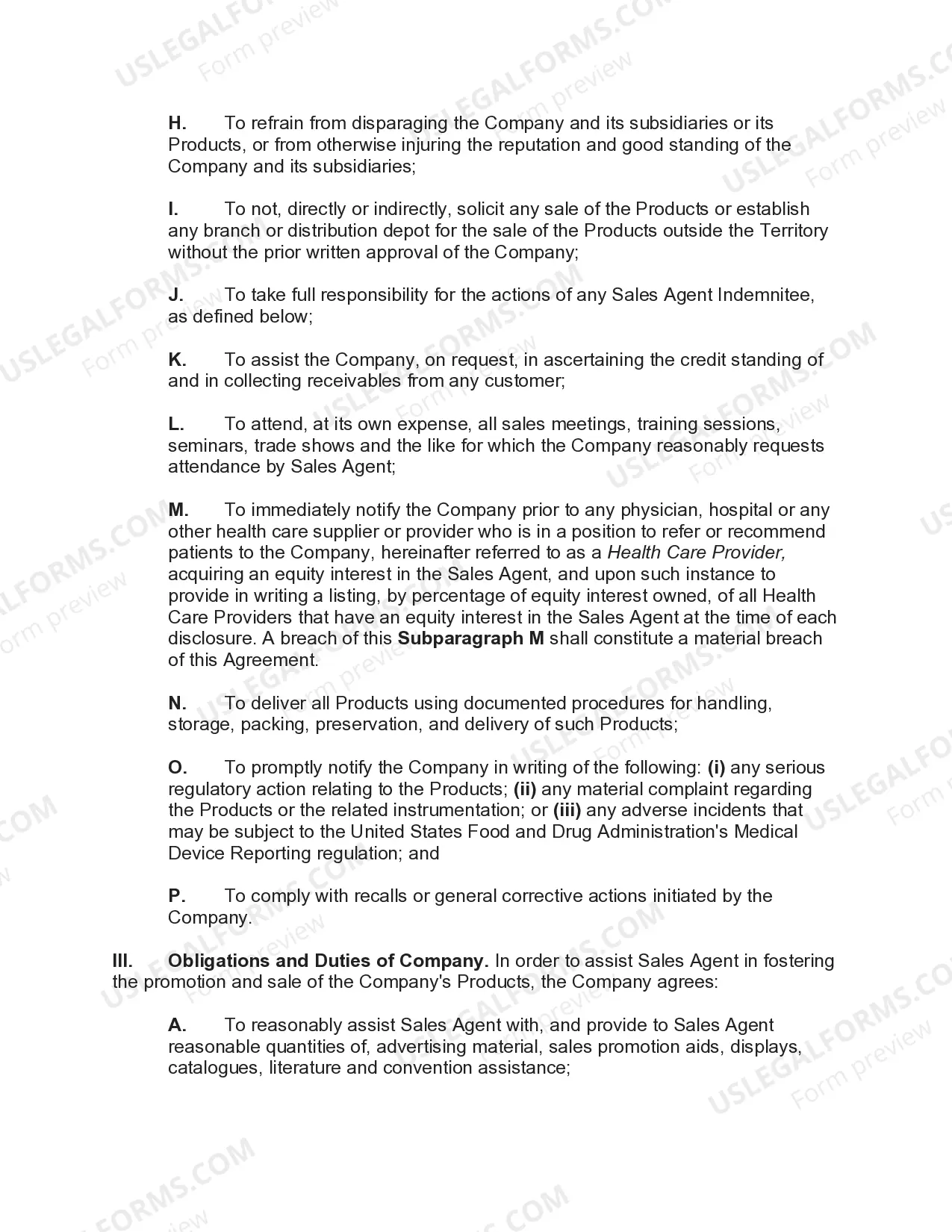 Preview Sales Agency Agreement with Exclusive Territory of Medical Device Products