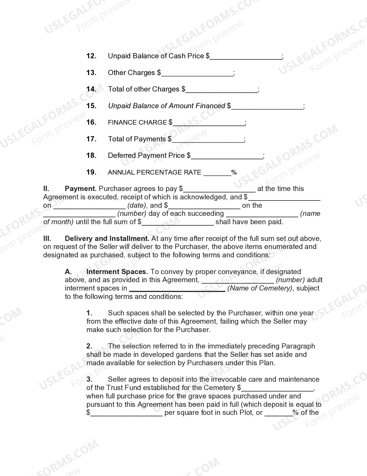 Agreement for Sale of Burial Lot, Memorials, Markers, Services, and