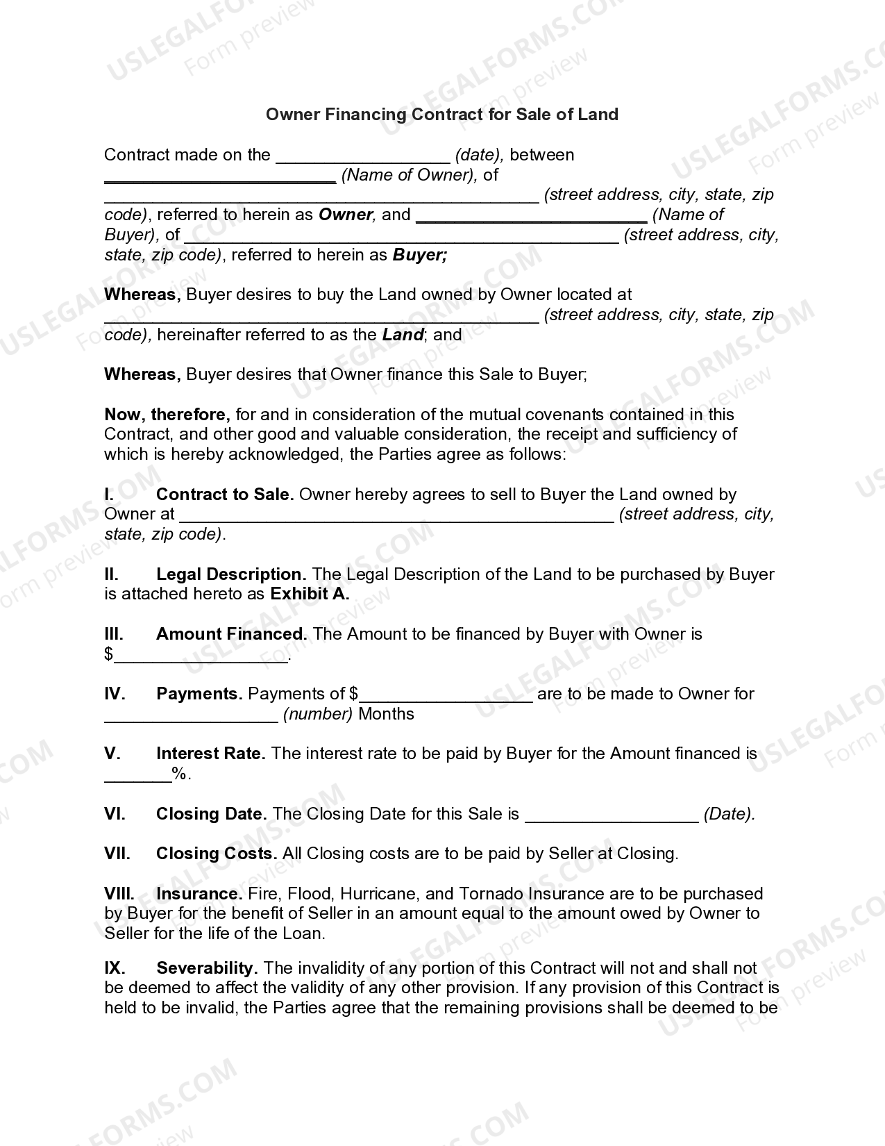 Owner Financing Contract for Sale of Land Financing Contract Land